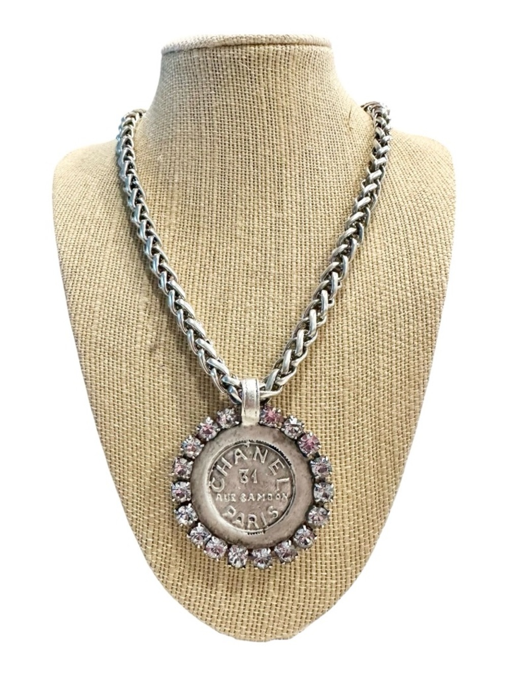 Yochi Silver-Tone Coin Pendant Necklace with Crystal Border
